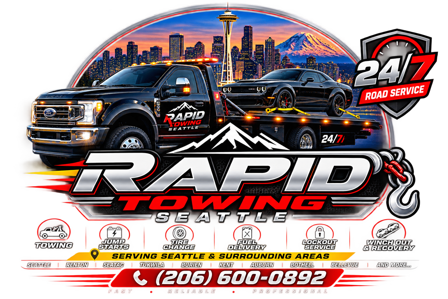 Rapid Towing Seattle towing fleet promotional artwork